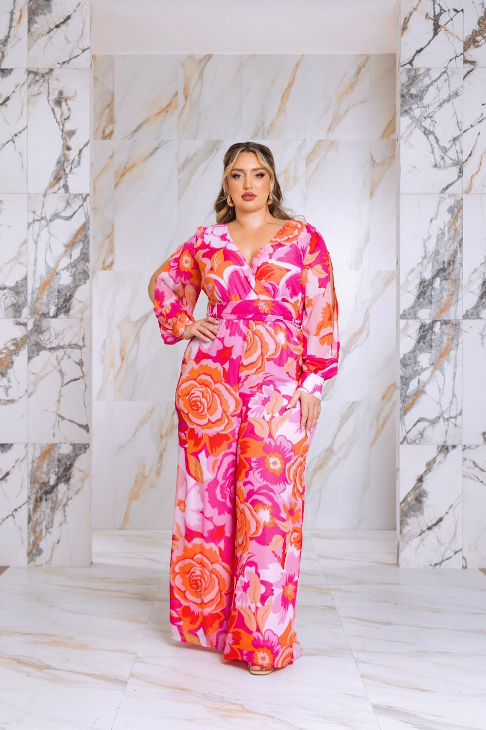 Plus Size Floral Print Jumpsuit with Long Bishop Split Sleeves - Pink
