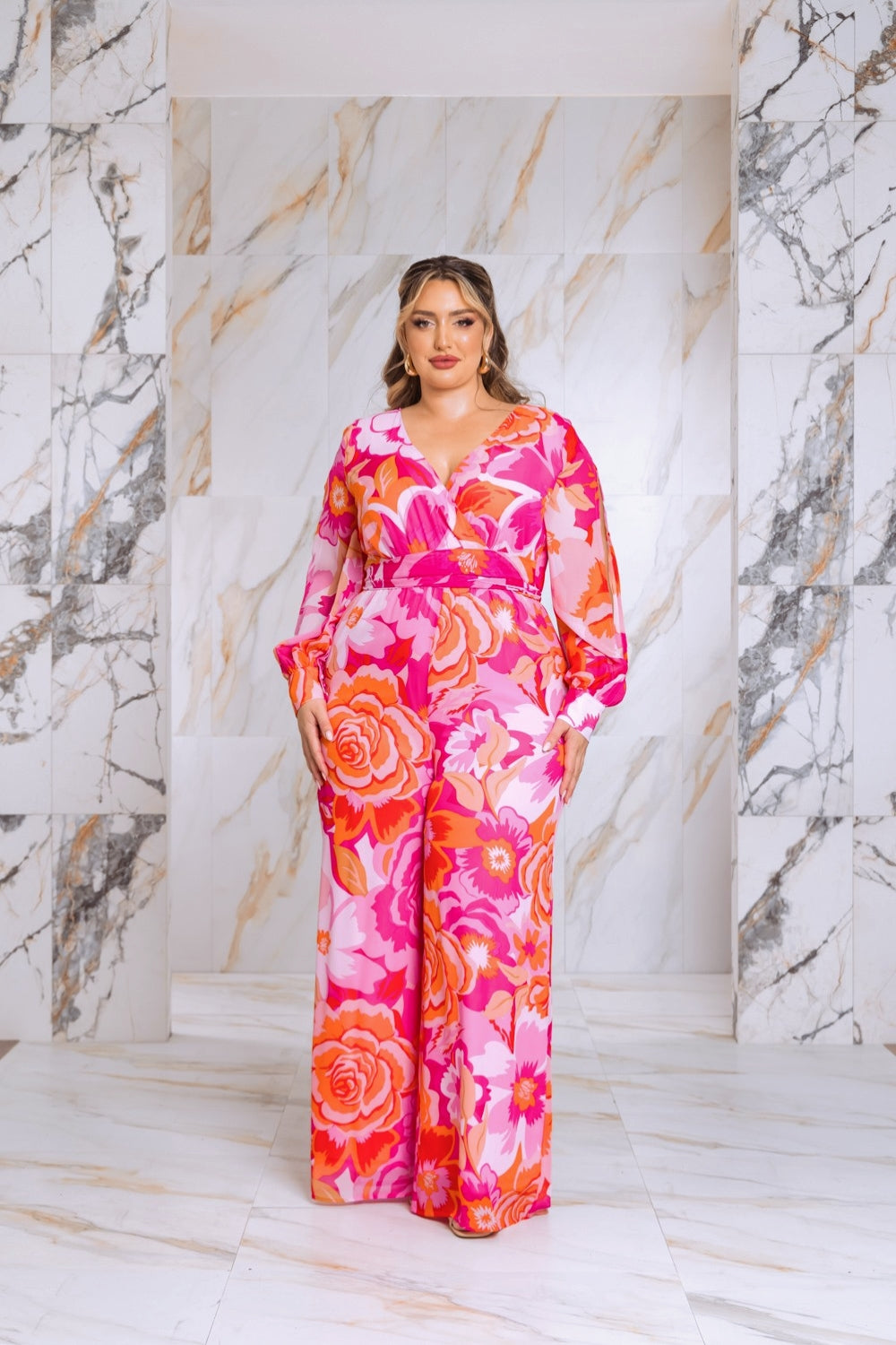 Plus Size Floral Print Jumpsuit with Long Bishop Split Sleeves - Pink