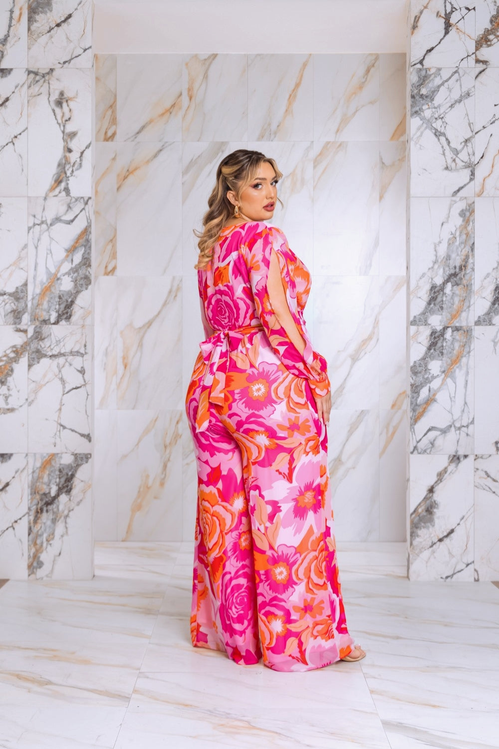 Plus Size Floral Print Jumpsuit with Long Bishop Split Sleeves - Pink