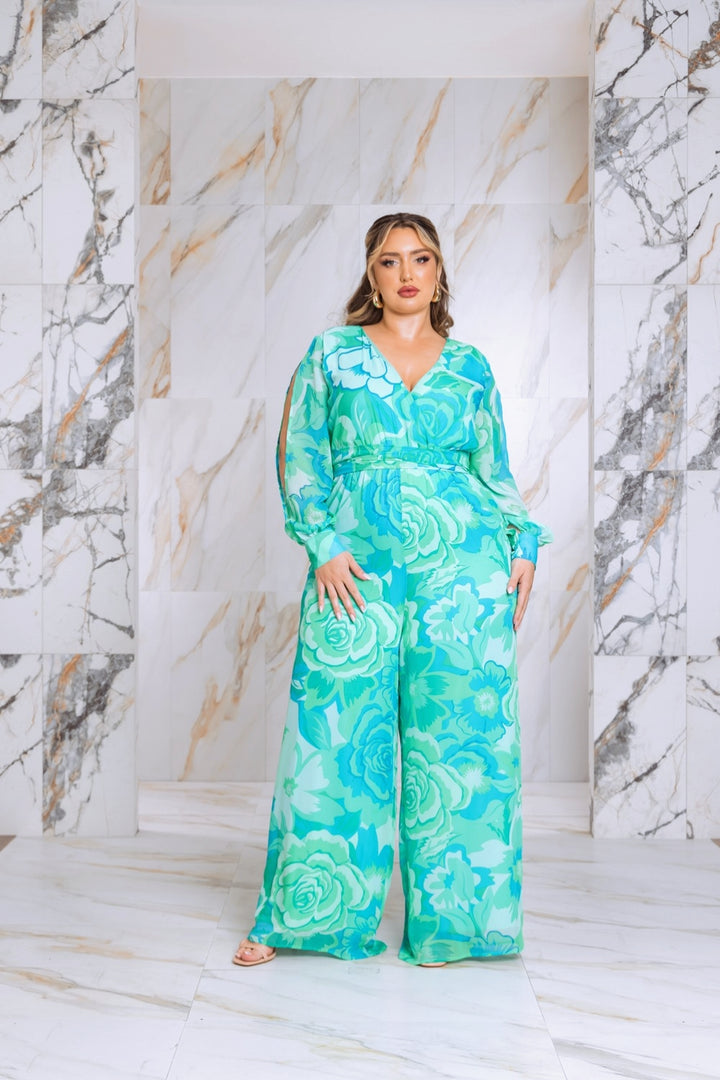 Plus Size Floral Print Jumpsuit with Long Bishop Split Sleeves - Green