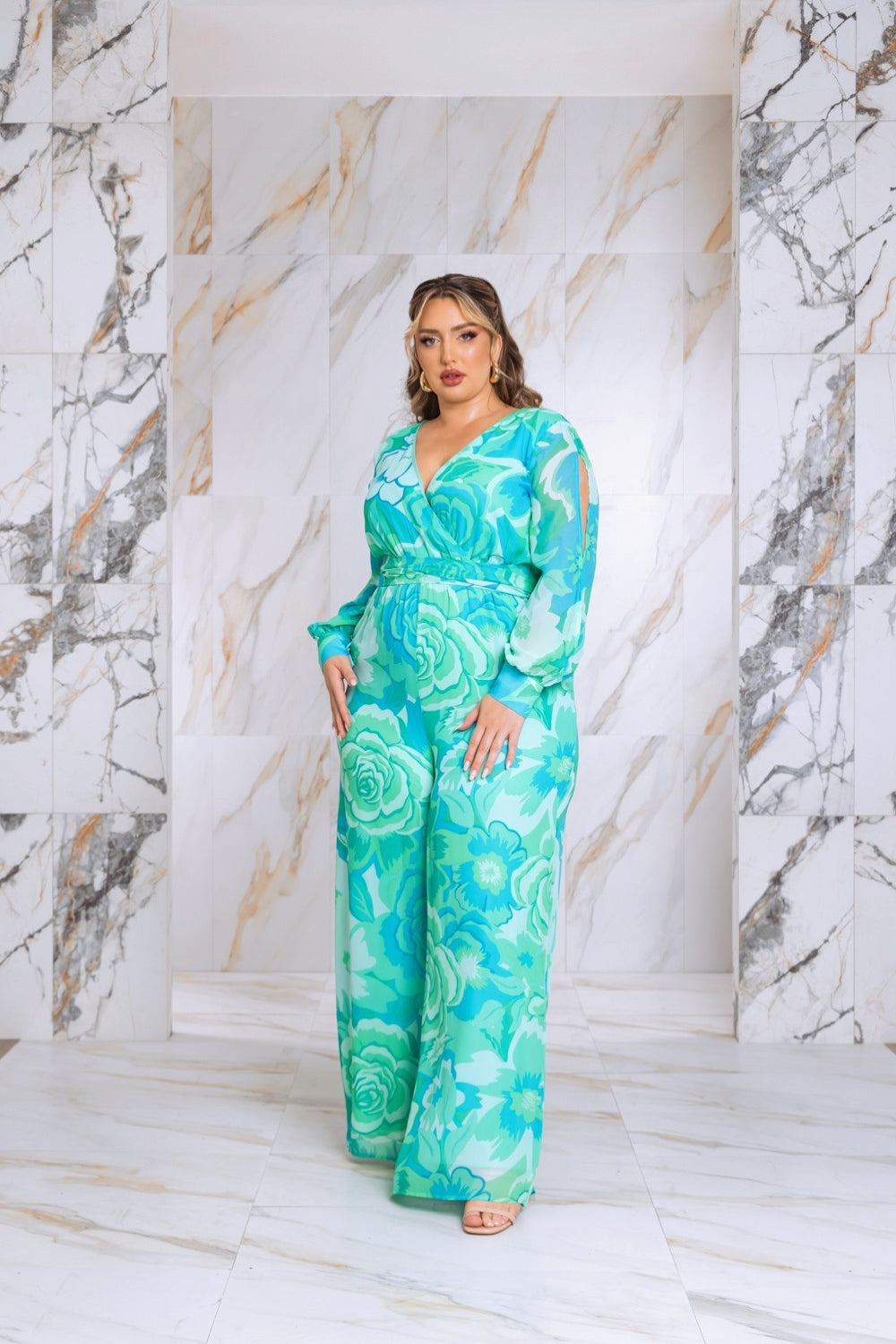 Plus Size Floral Print Jumpsuit with Long Bishop Split Sleeves - Green