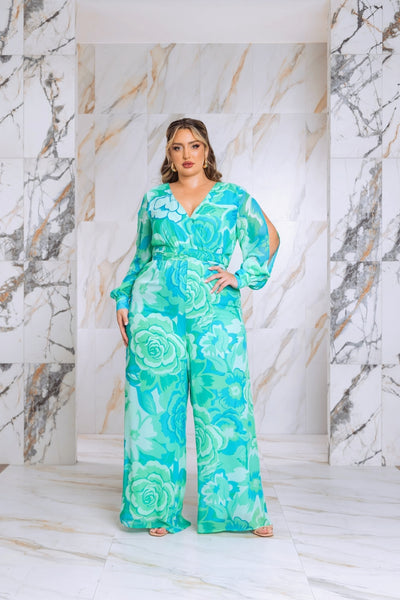 Plus Size Floral Print Jumpsuit with Long Bishop Split Sleeves - Green