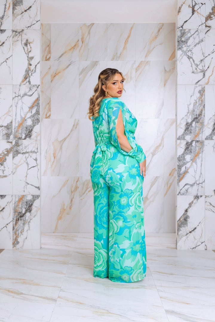 Plus Size Floral Print Jumpsuit with Long Bishop Split Sleeves - Green