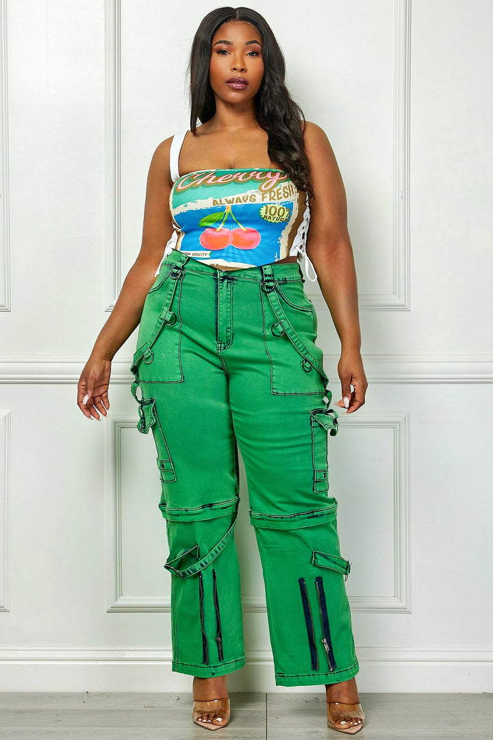 Oh So Crafty Utility Cargo Plus Size Denim Pants - Green