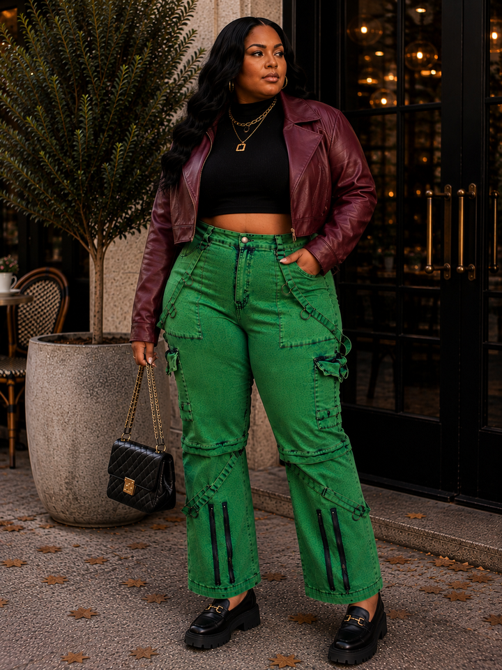 Oh So Crafty Utility Cargo Plus Size Denim Pants - Green