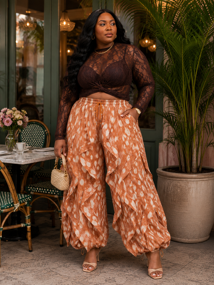 Plus Size Terracotta Abstract Print Oversized Wide-Leg Balloon Pants with Pockets