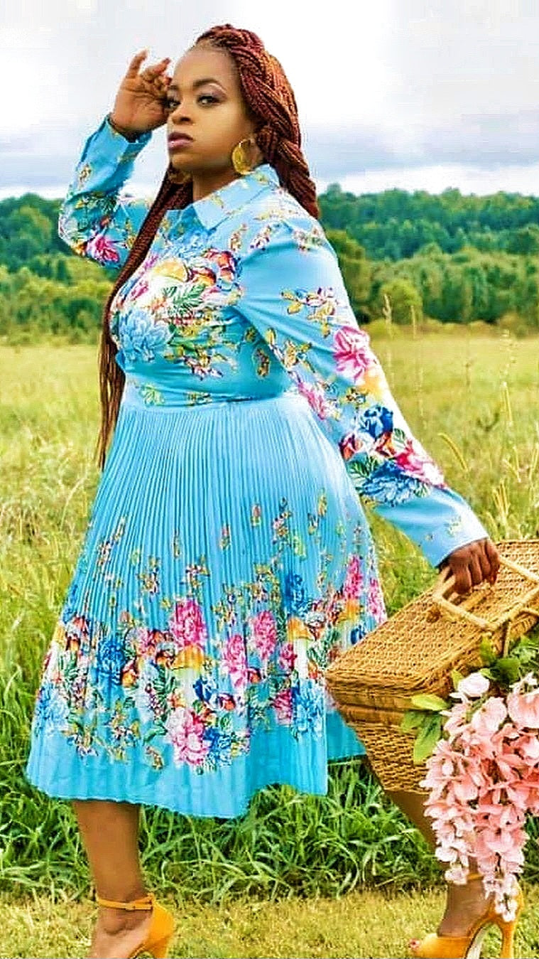 Pleated Print Long Sleeve Mid-Calf Lapel Standard-Waist Pullover Dress Fasheabe Pleated Print Long Sleeve Mid-Calf Lapel Standard-Waist Pullover Dress Fasheabe
