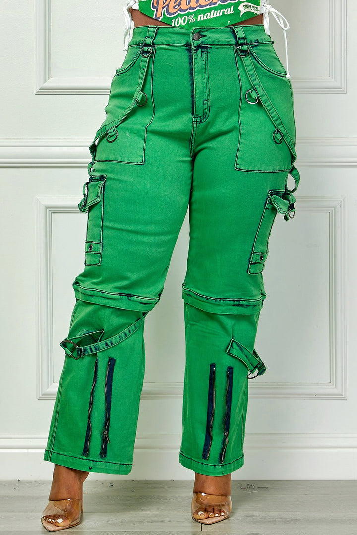 Oh So Crafty Utility Cargo Plus Size Denim Pants - Green