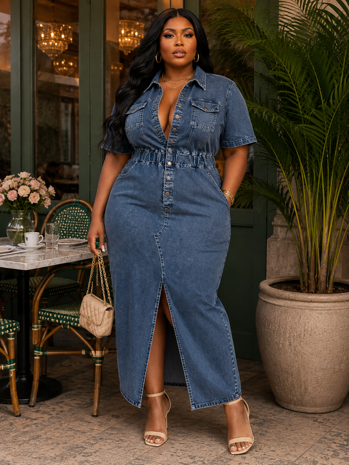 Plus Size Button-Front Stretch Denim Midi Dress with Front Slit &amp; Pockets