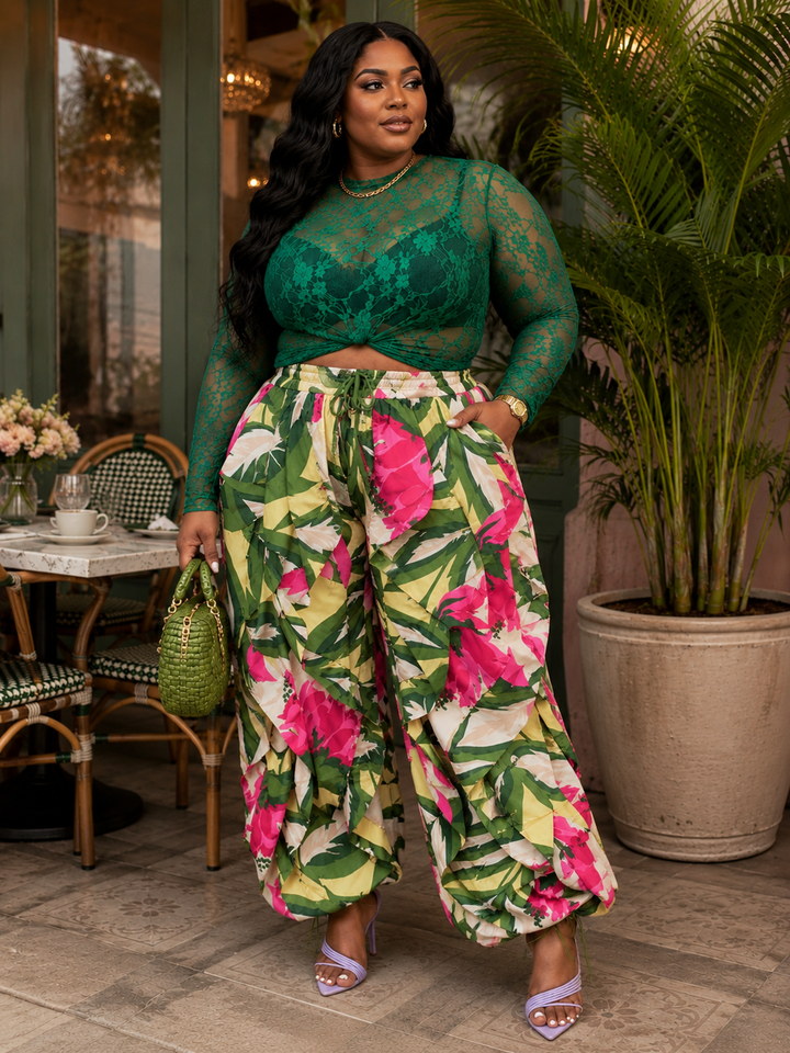 Plus Size Tropical Print Oversized Wide-Leg Balloon Pants with Pockets