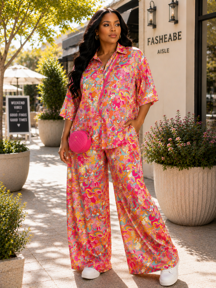 Plus Size Tropical Print 2-Piece Resort Pant Set