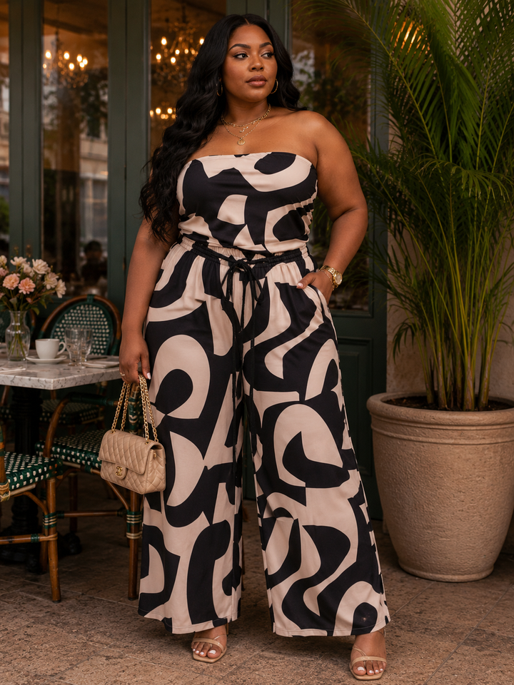 Plus Size Black & Taupe Abstract Print Strapless Wide-Leg Jumpsuit with Pockets