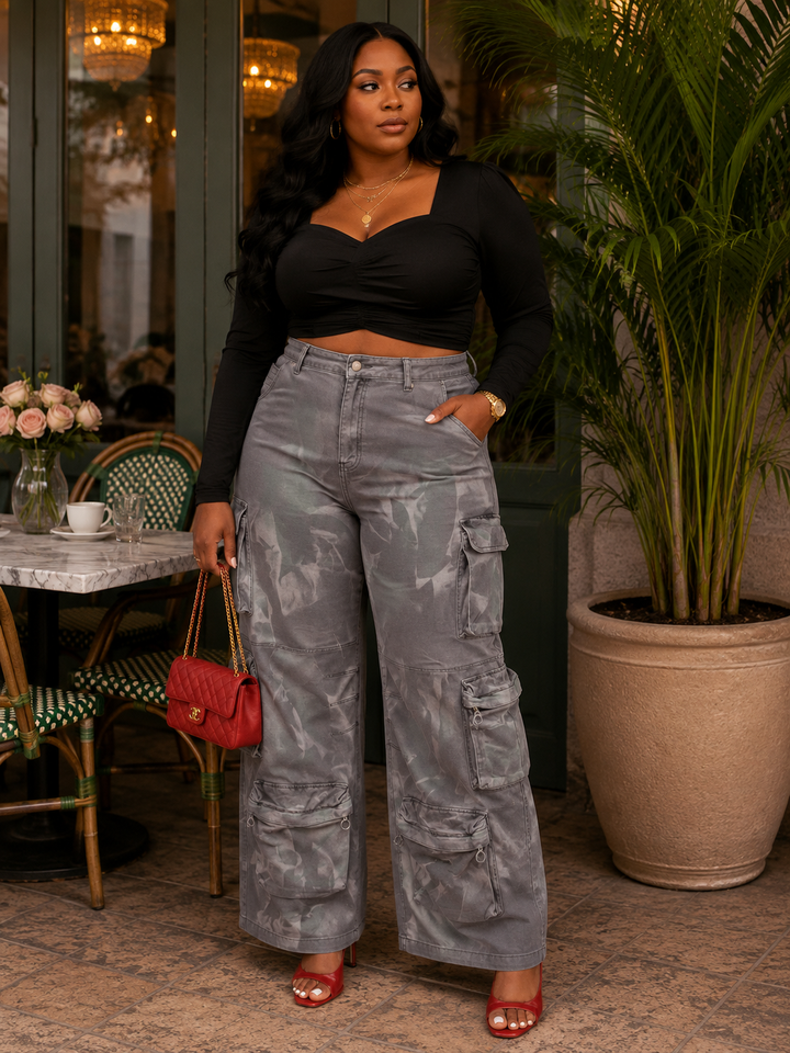 Time to Shine Grey Acid Wash High Waisted Cargo Plus Size Pants