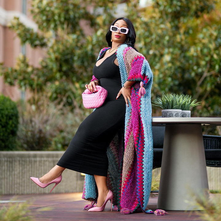 Rich Auntie Multi Print Long Knit Cardigan