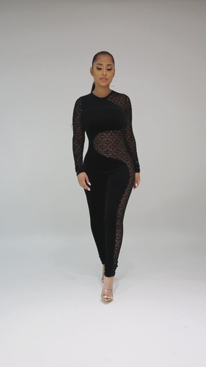 Fasheabe Mock Neck Long Sleeve Jumpsuit - Black
