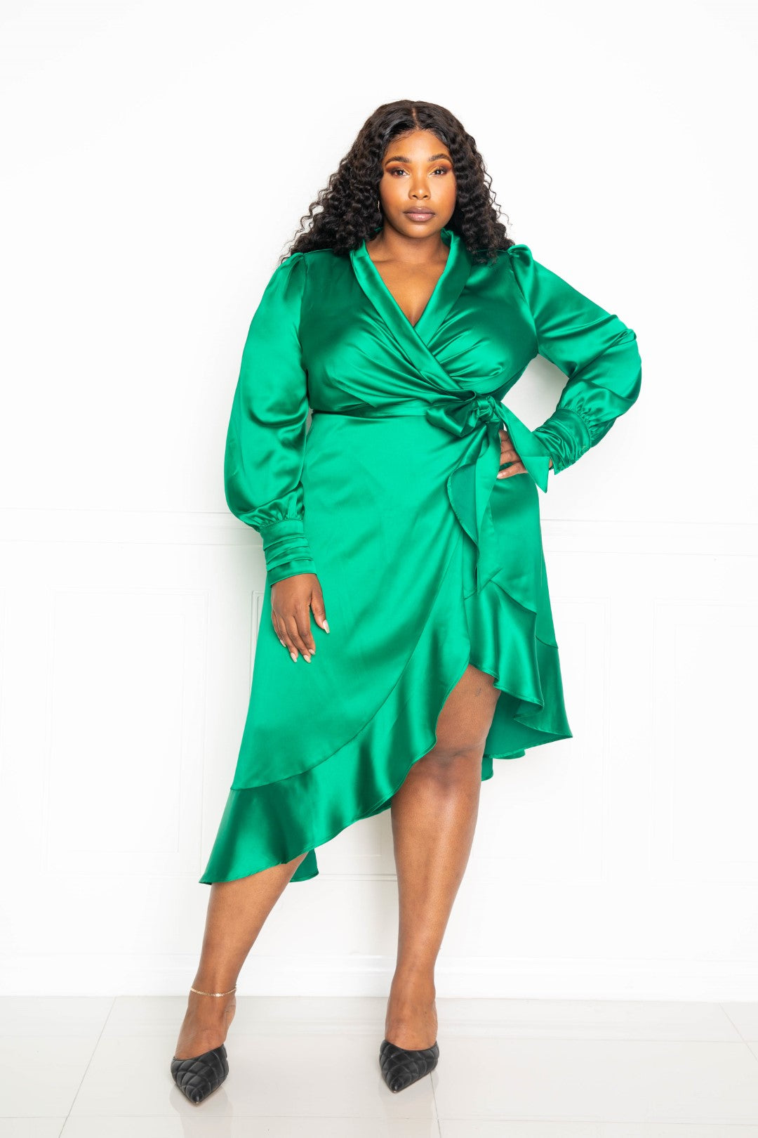 Fasheabe Long Sleeve Satin Wrapped Midi Dress