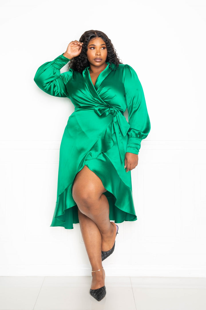 Fasheabe Long Sleeve Satin Wrapped Midi Dress