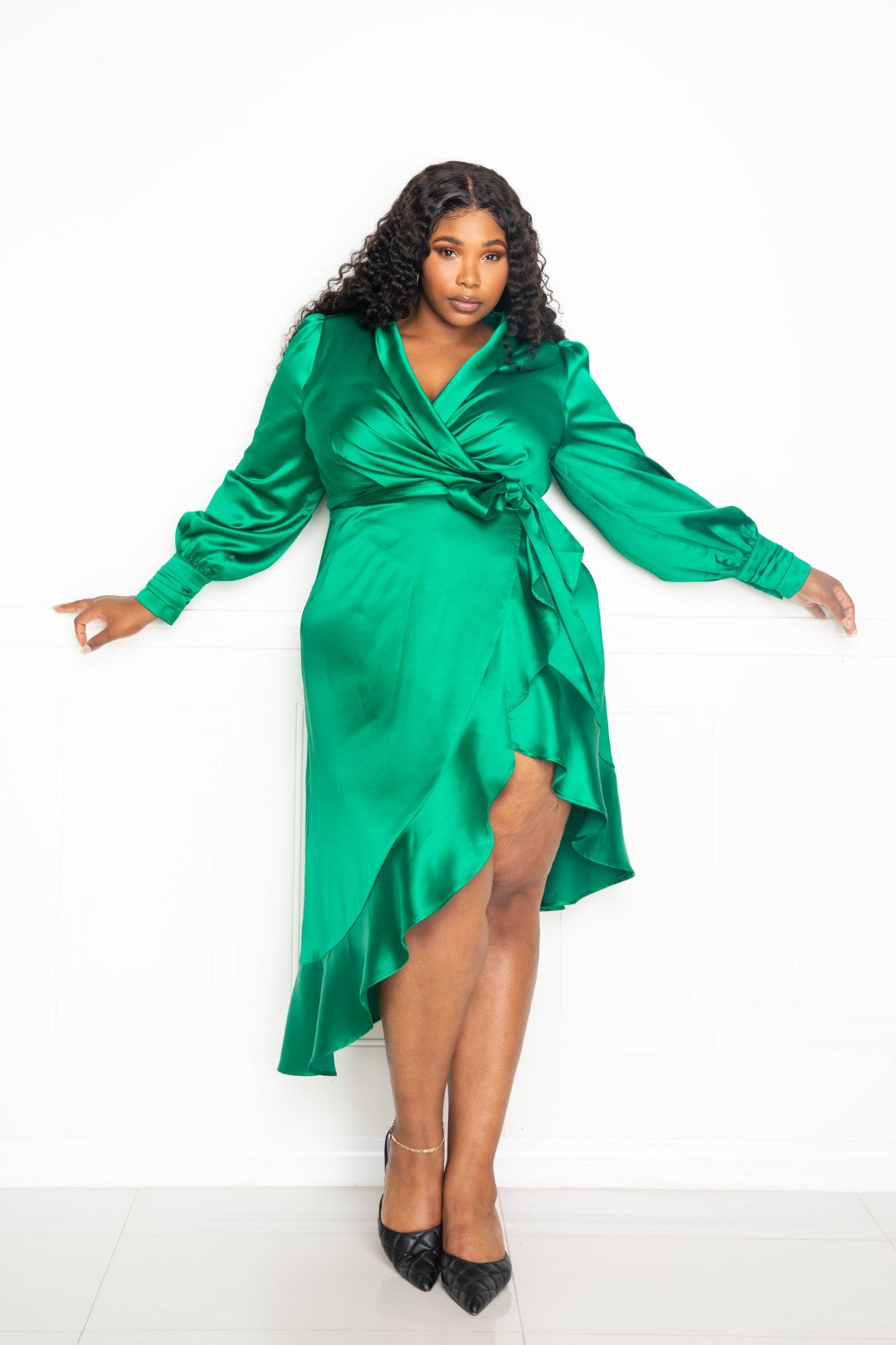 Fasheabe Long Sleeve Satin Wrapped Midi Dress