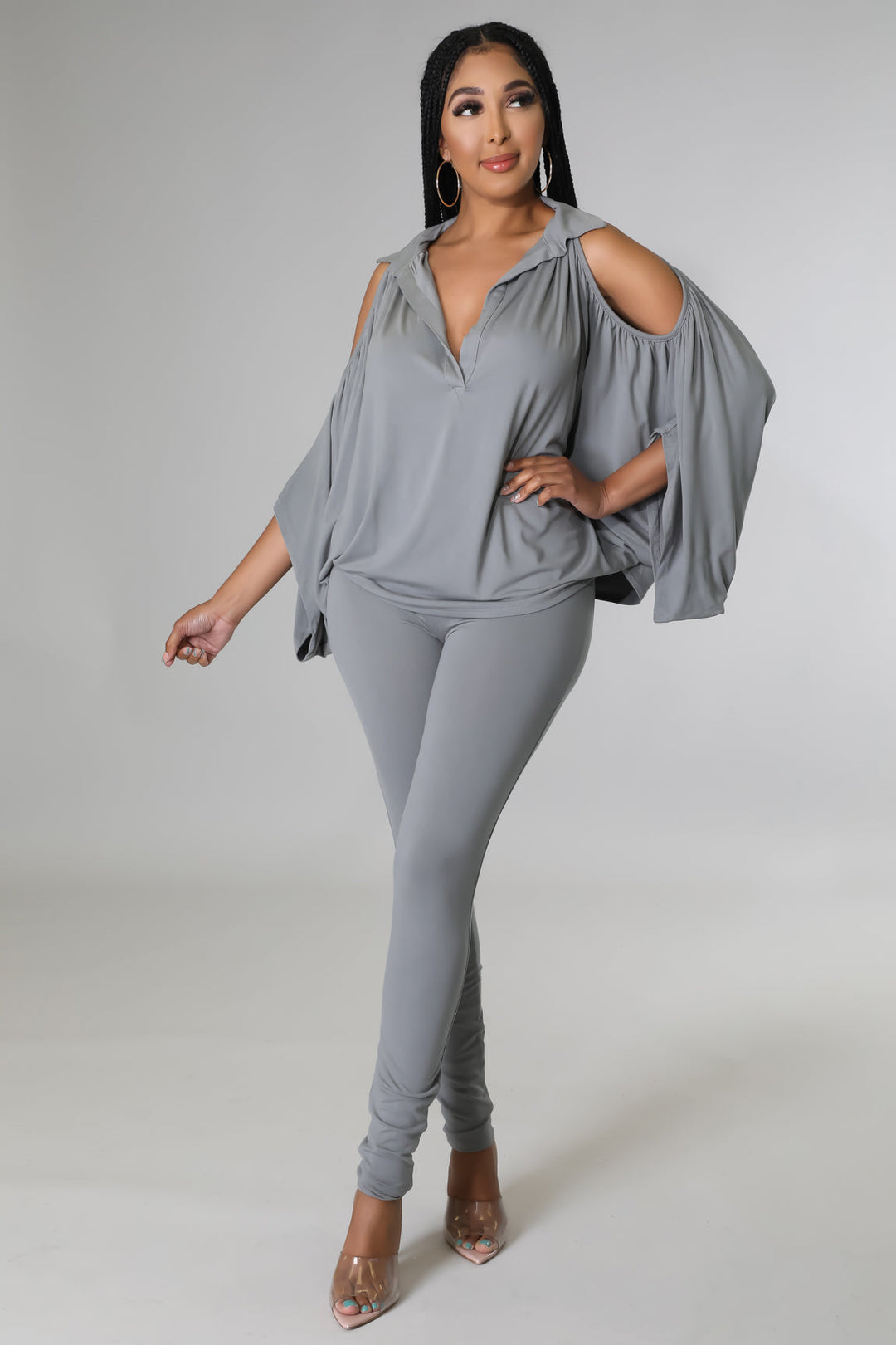 Fasheabe Long Sleeve V-Neck Stretch Two Piece Set - Grey