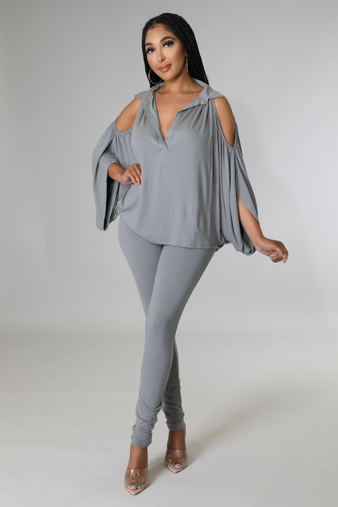 Fasheabe Long Sleeve V-Neck Stretch Two Piece Set - Grey