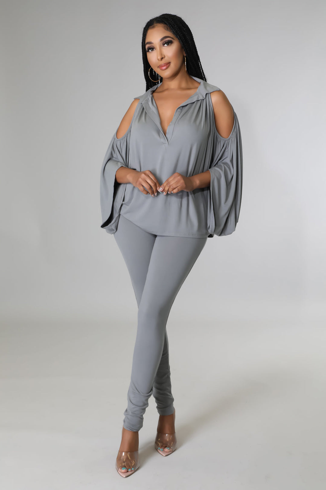 Fasheabe Long Sleeve V-Neck Stretch Two Piece Set - Grey