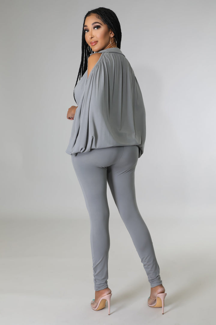 Fasheabe Long Sleeve V-Neck Stretch Two Piece Set - Grey