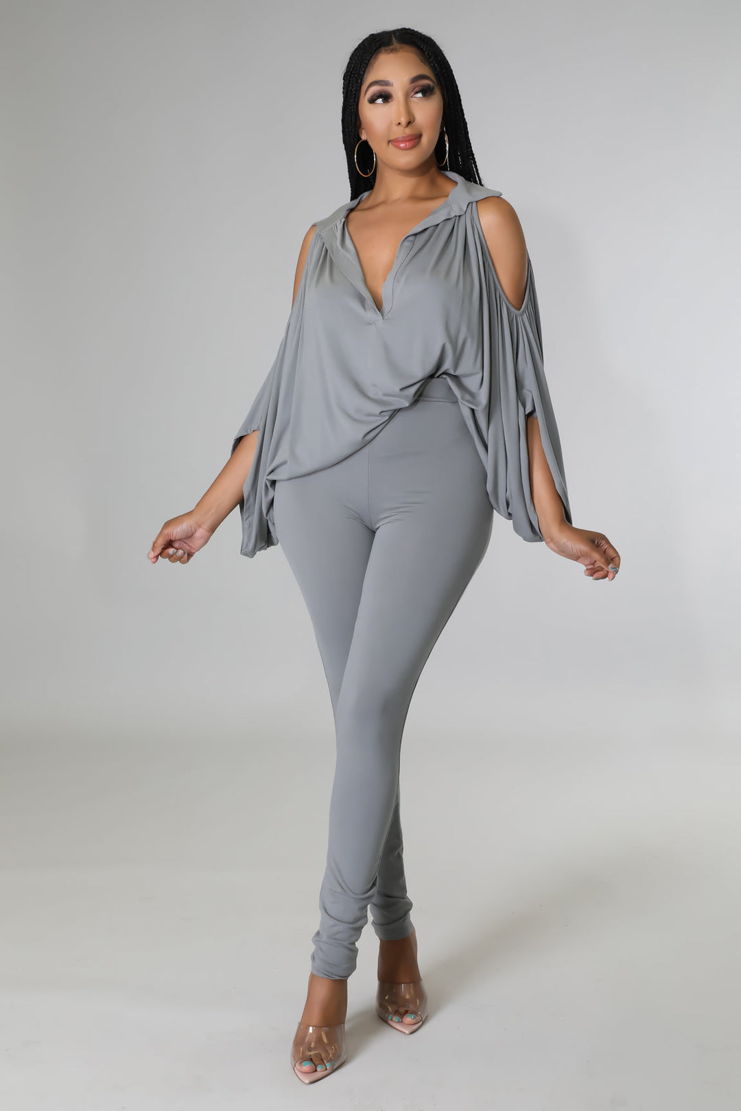 Fasheabe Long Sleeve V-Neck Stretch Two Piece Set - Grey