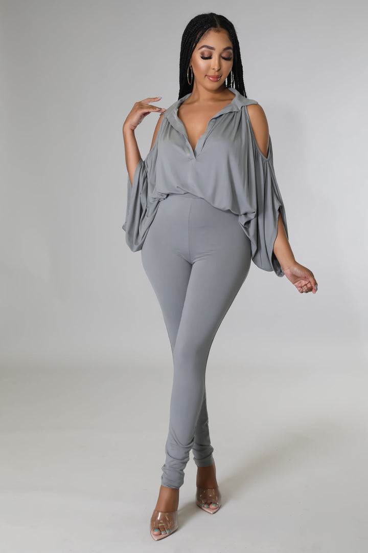 Fasheabe Long Sleeve V-Neck Stretch Two Piece Set - Grey