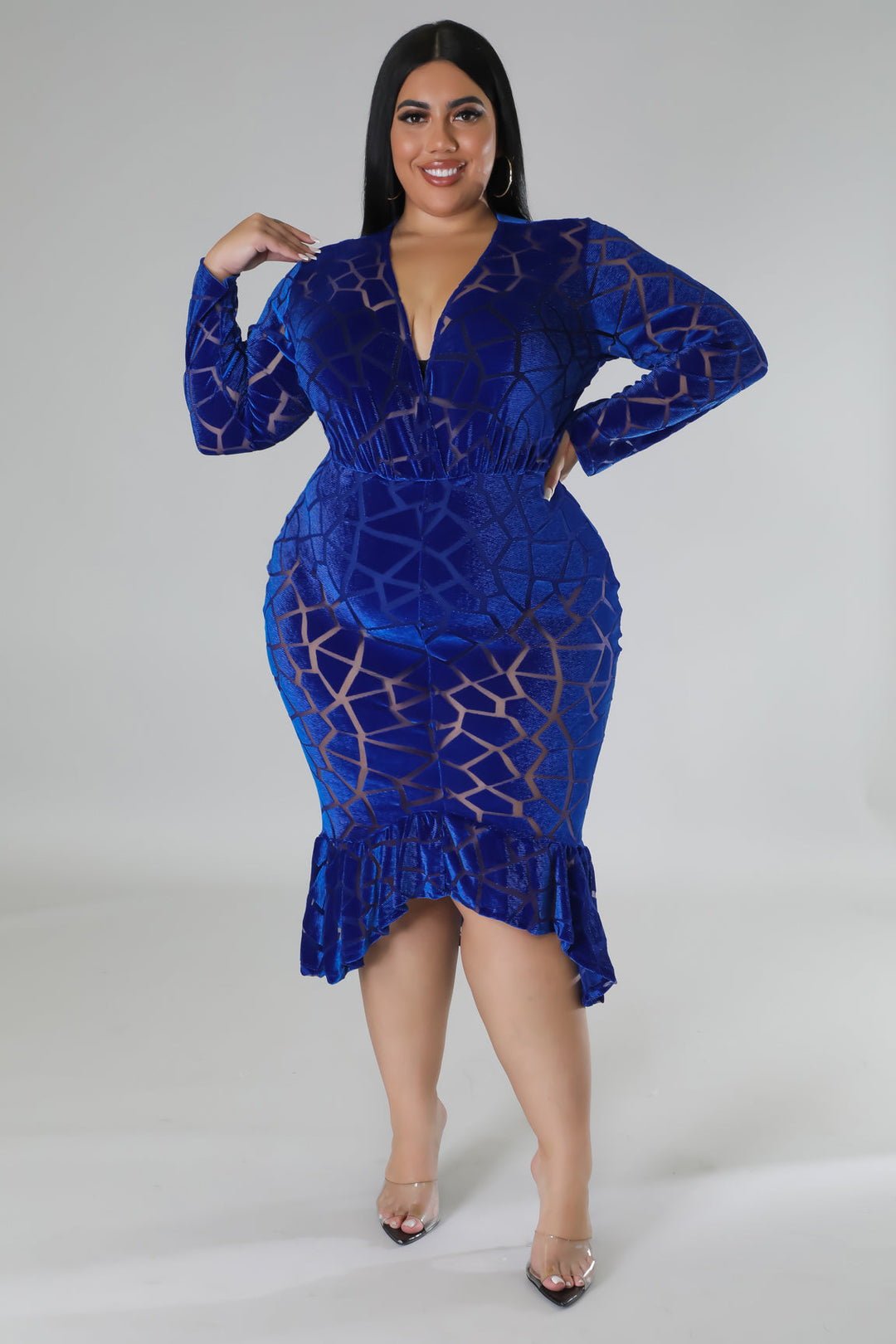 Fasheabe Plus Size Long Sleeve V-Neck Semi Stretch Dress - Blue