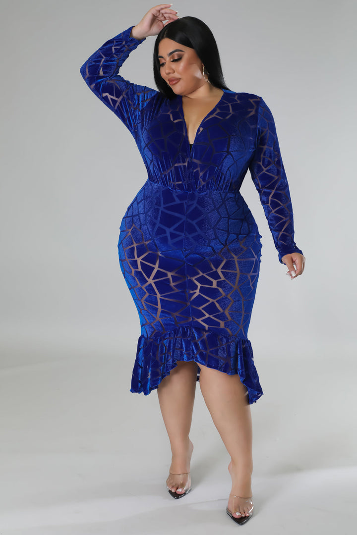 Fasheabe Plus Size Long Sleeve V-Neck Semi Stretch Dress - Blue