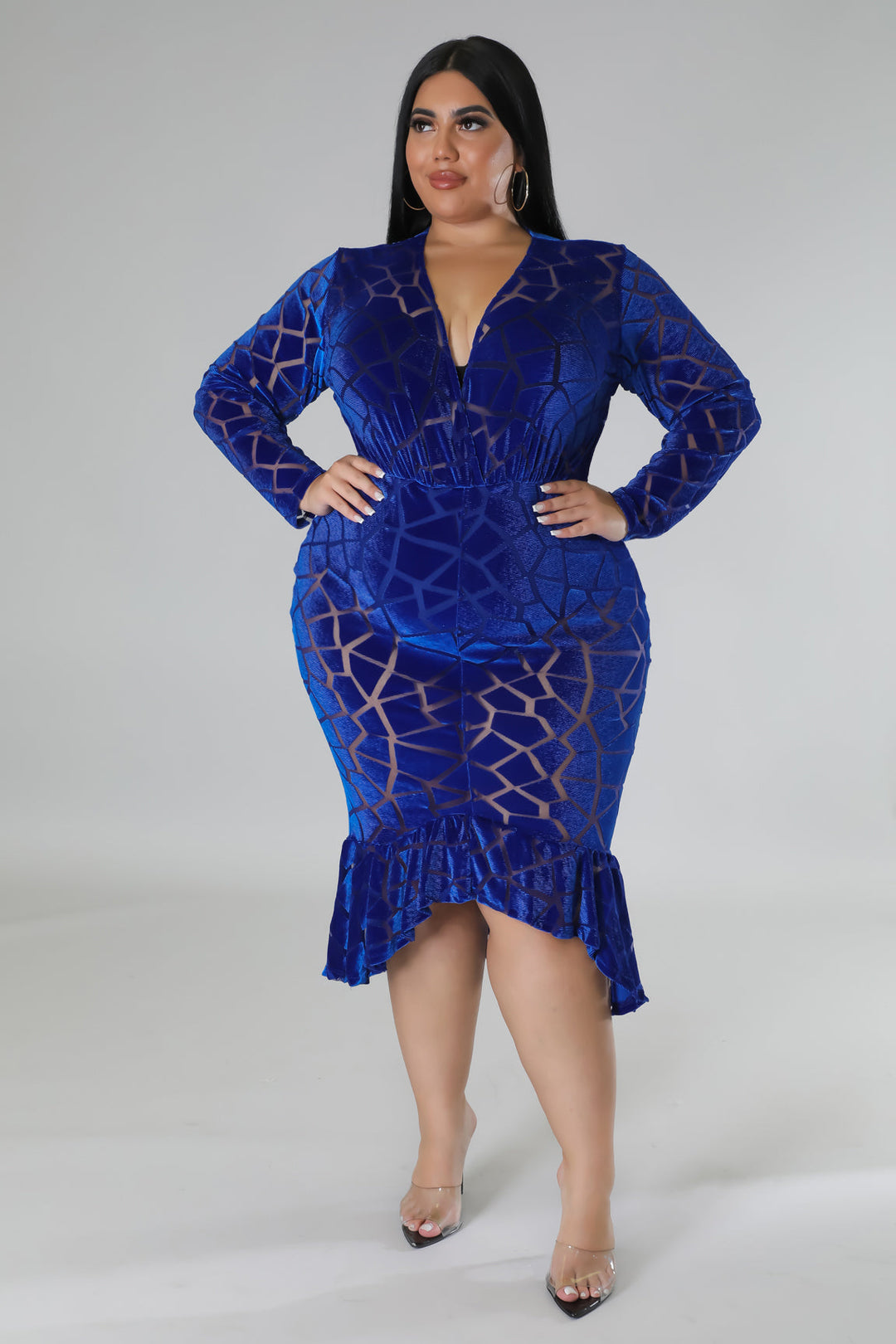 Fasheabe Plus Size Long Sleeve V-Neck Semi Stretch Dress - Blue