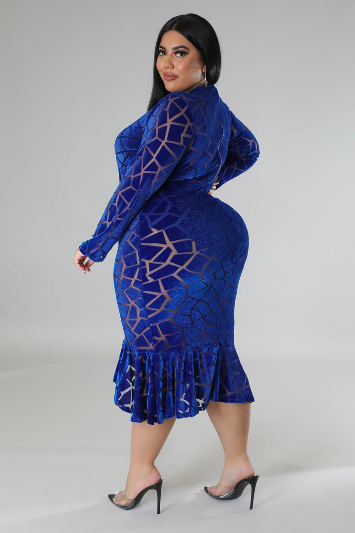 Fasheabe Plus Size Long Sleeve V-Neck Semi Stretch Dress - Blue