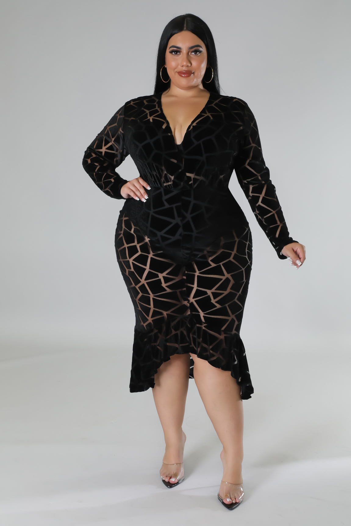 Fasheabe Plus Size Long Sleeve V-Neck Semi Stretch Dress - Black
