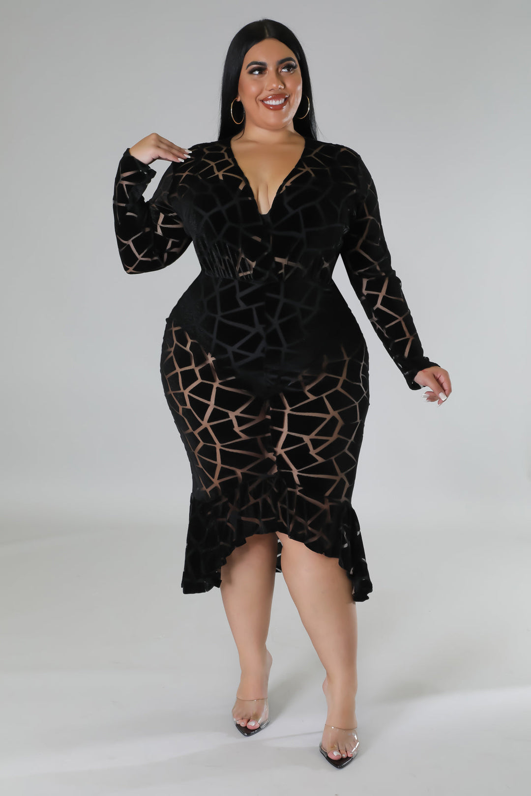 Fasheabe Plus Size Long Sleeve V-Neck Semi Stretch Dress - Black