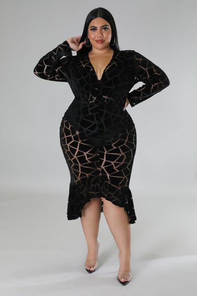 Fasheabe Plus Size Long Sleeve V-Neck Semi Stretch Dress - Black