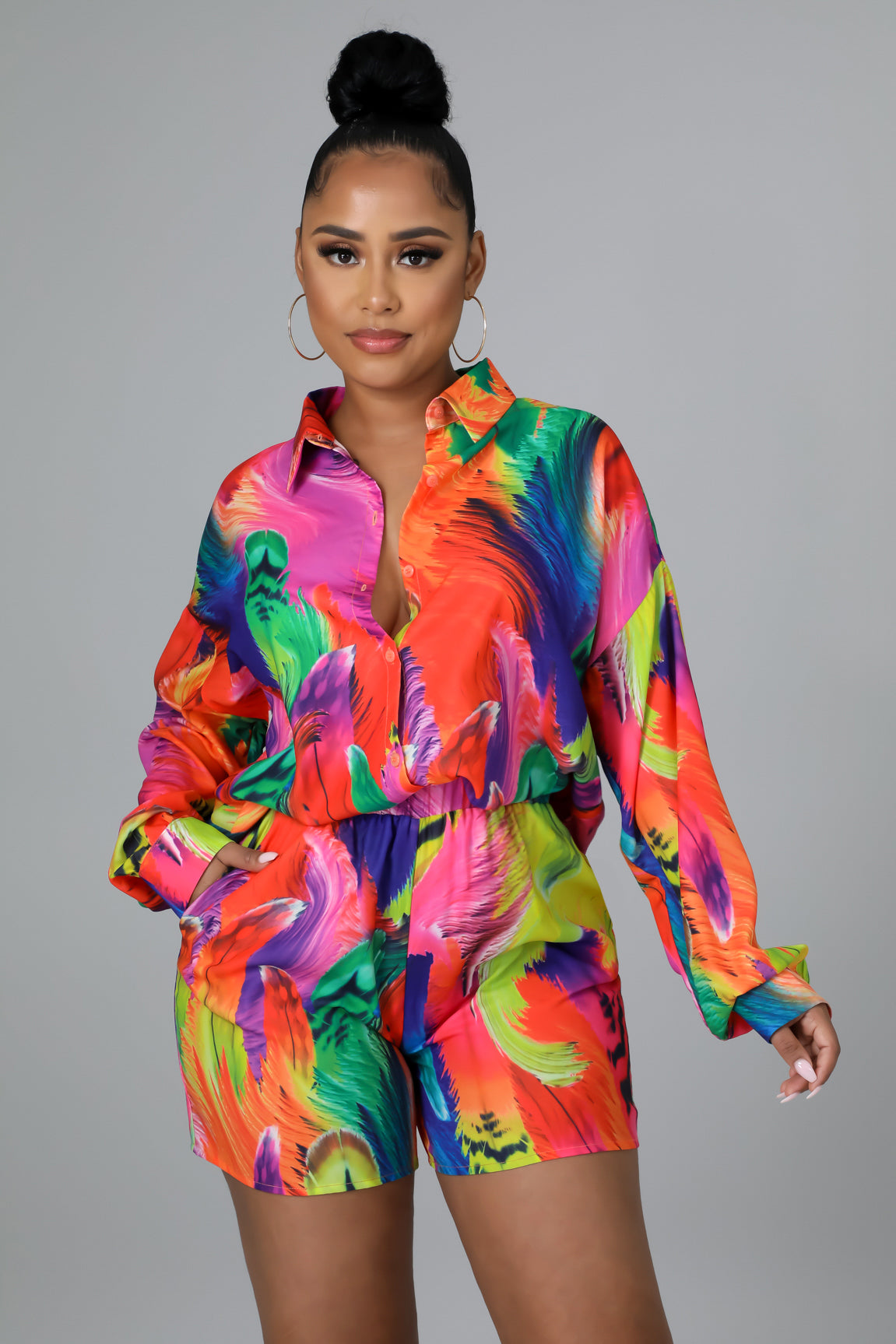 Fasheabe 2 Piece Multi-Color Long-sleeved Short Set