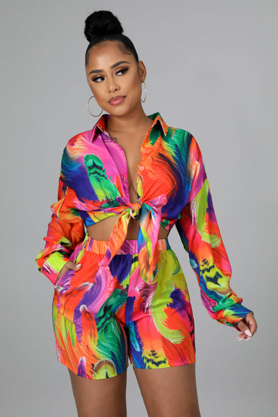 Fasheabe 2 Piece Multi-Color Long-sleeved Short Set