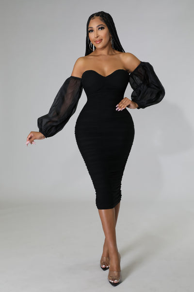 Lavish Nights Off Shoulder Stretch Midi Dress