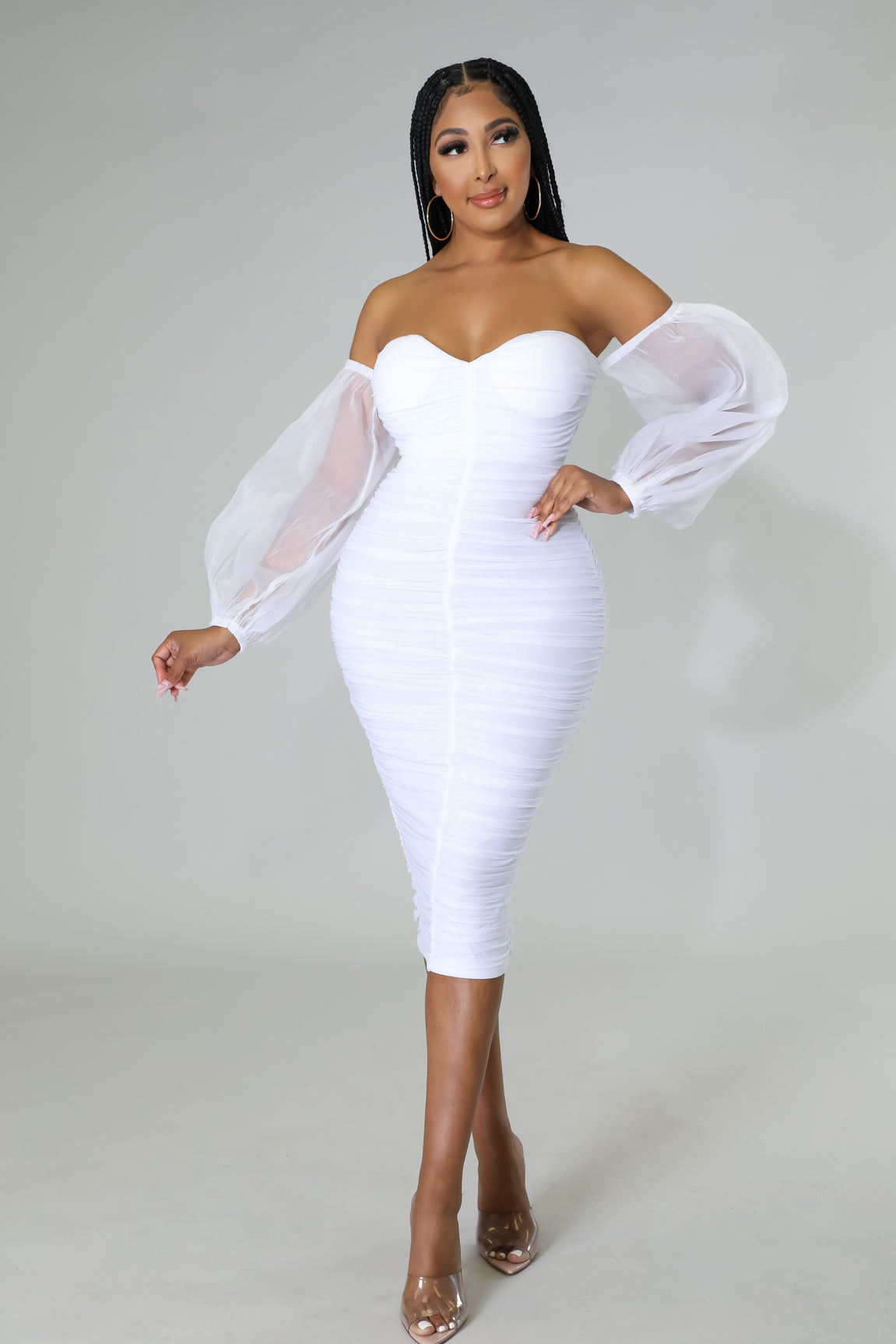 Lavish Nights Off Shoulder Stretch Midi Dress