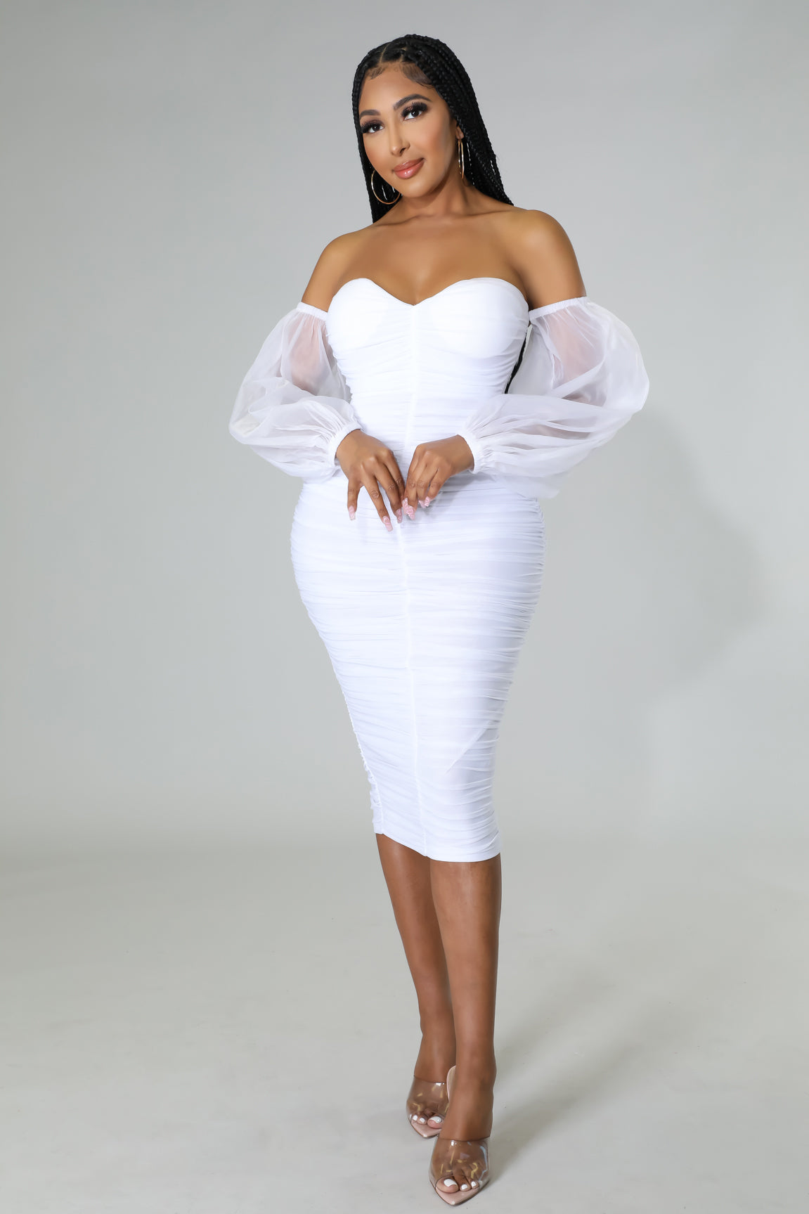 Lavish Nights Off Shoulder Stretch Midi Dress