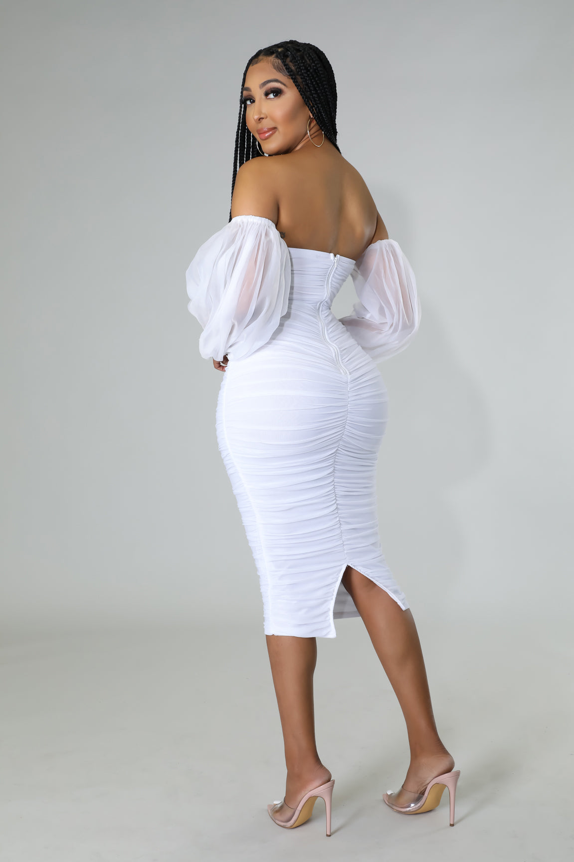 Lavish Nights Off Shoulder Stretch Midi Dress