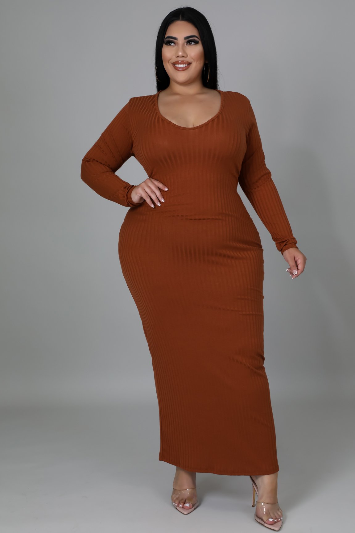 Fasheabe Long Sleeves Open Back Stretch Ribbed Dress