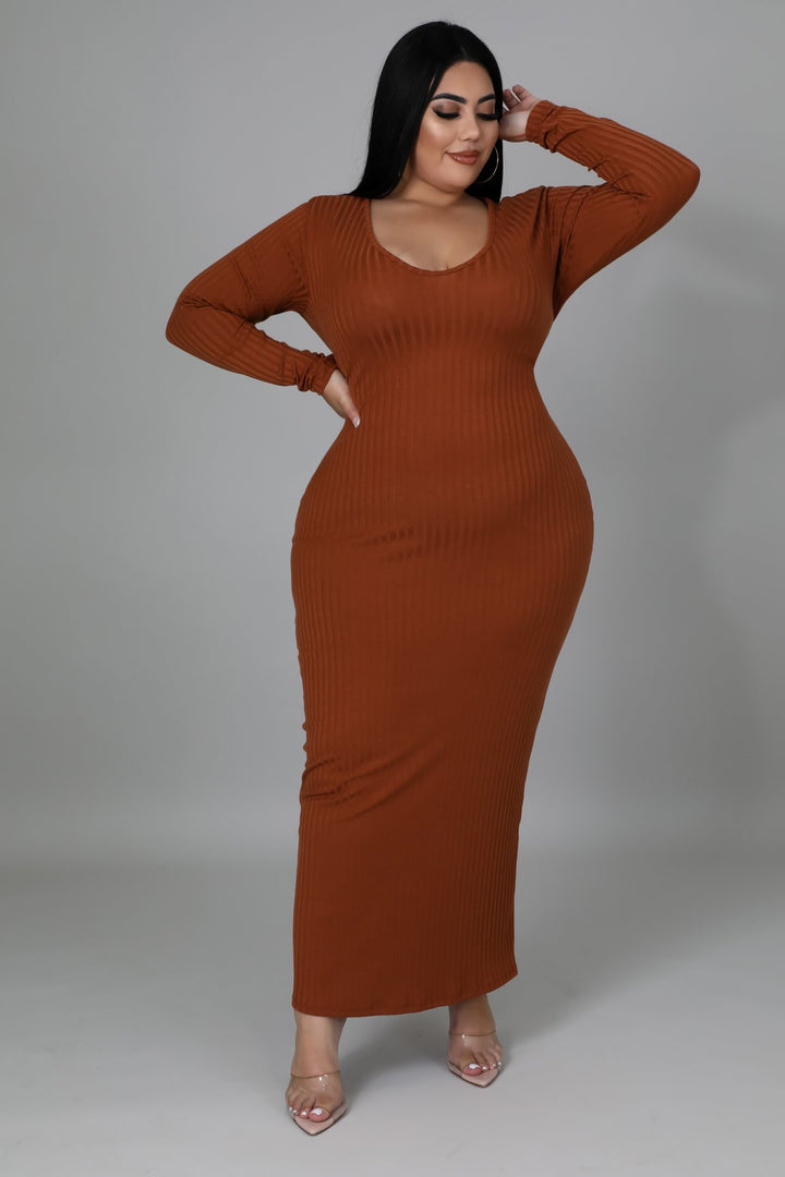 Fasheabe Long Sleeves Open Back Stretch Ribbed Dress