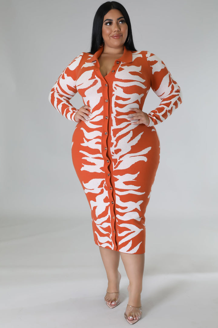 Fasheabe Plus Size Long Sleeve Knit Stretch Dress - Rust