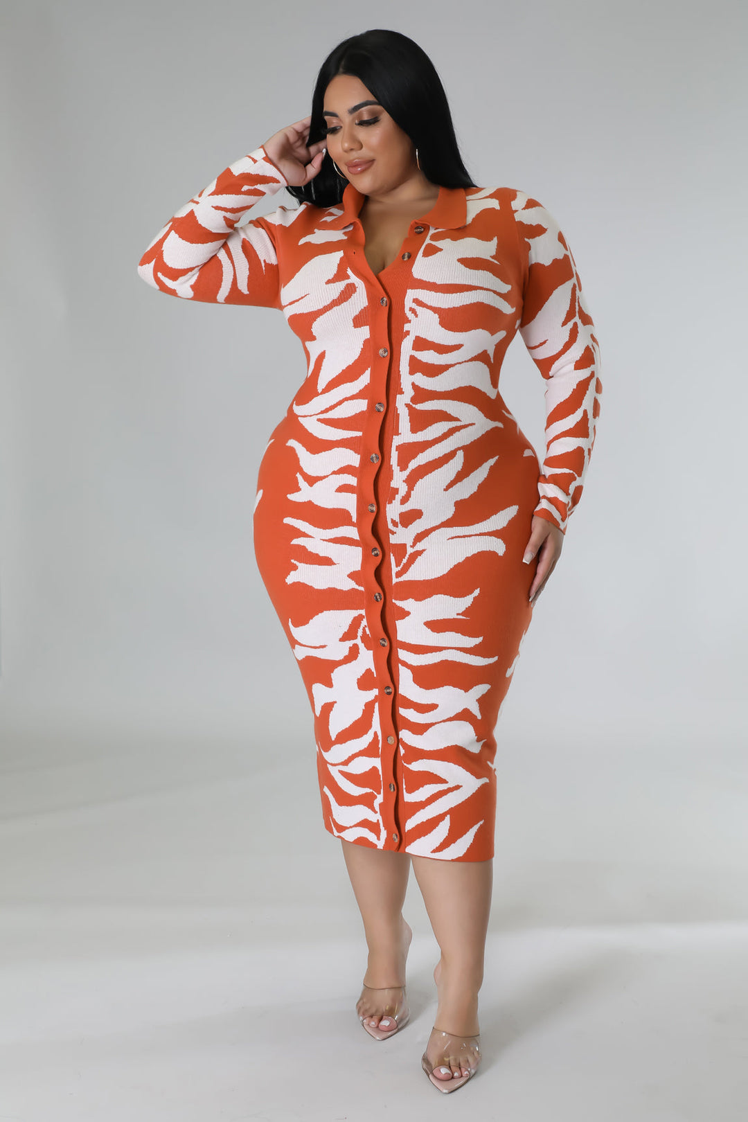 Fasheabe Plus Size Long Sleeve Knit Stretch Dress - Rust