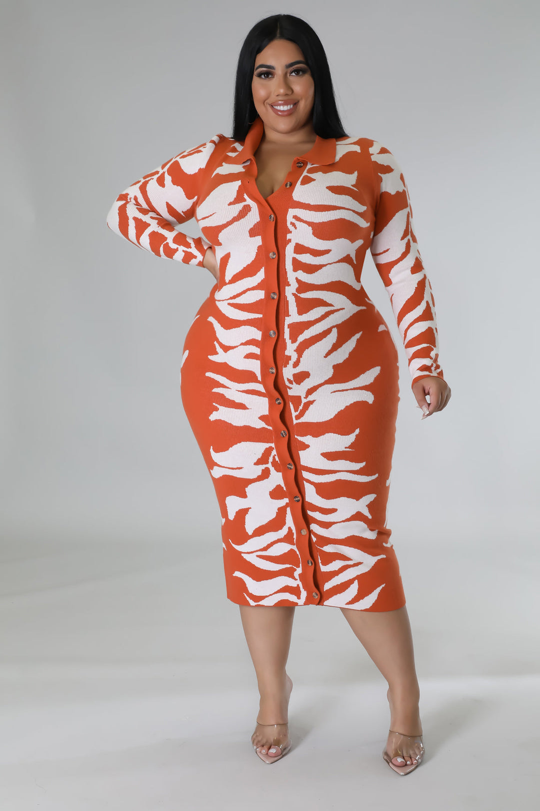 Fasheabe Plus Size Long Sleeve Knit Stretch Dress - Rust
