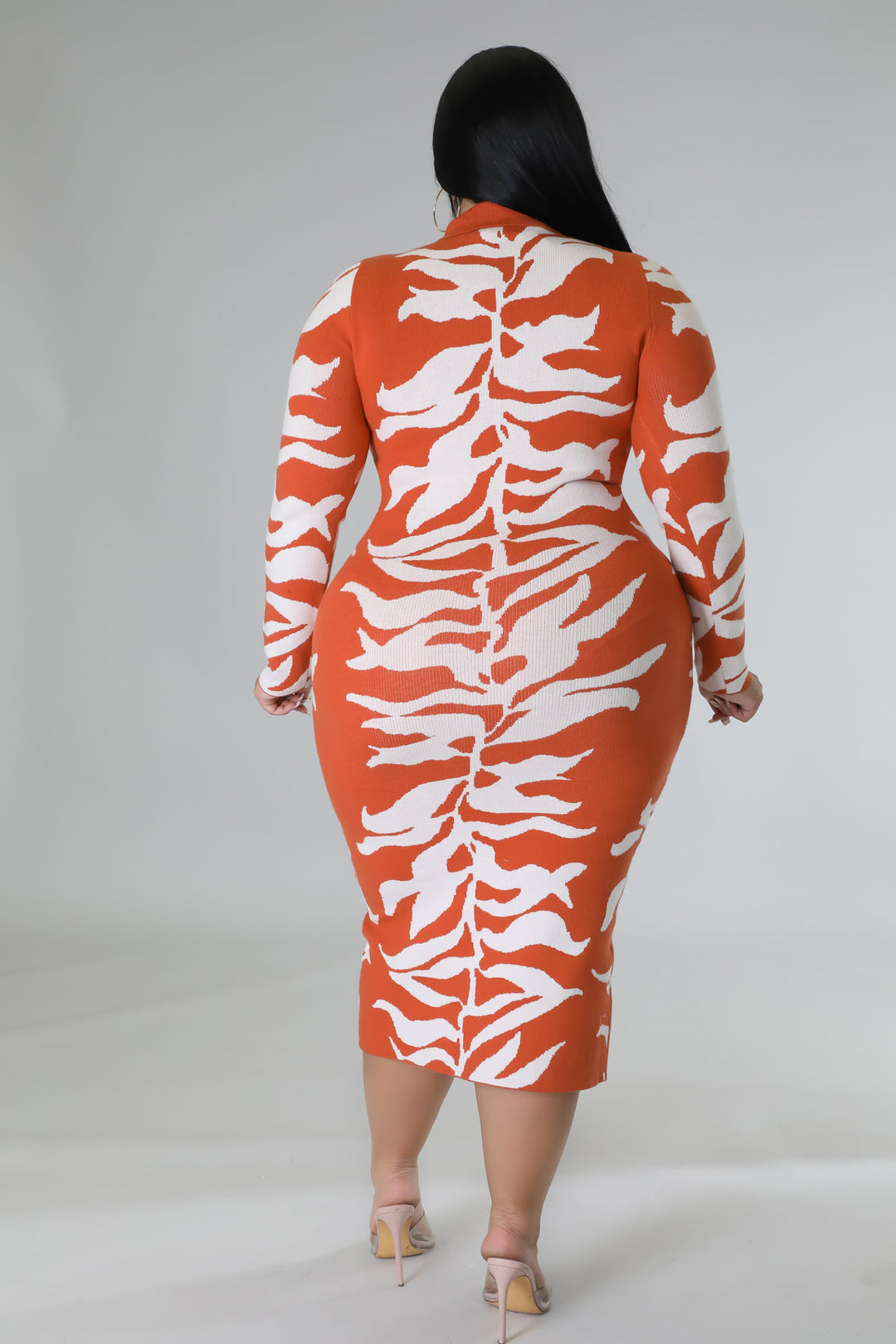 Fasheabe Plus Size Long Sleeve Knit Stretch Dress - Rust