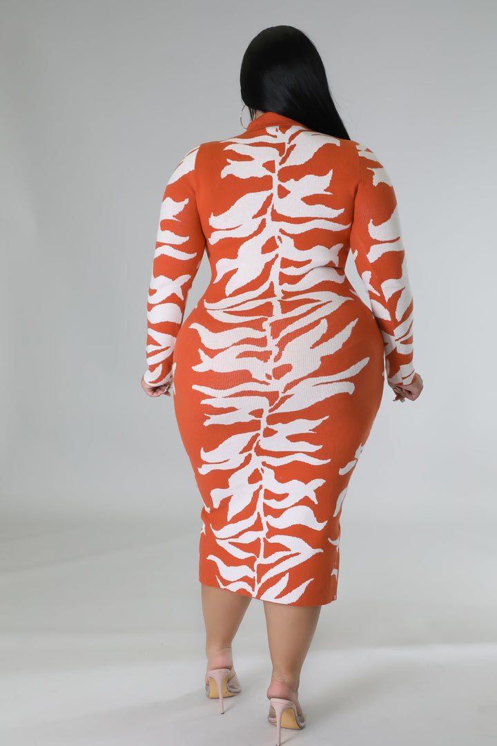 Fasheabe Plus Size Long Sleeve Knit Stretch Dress - Rust