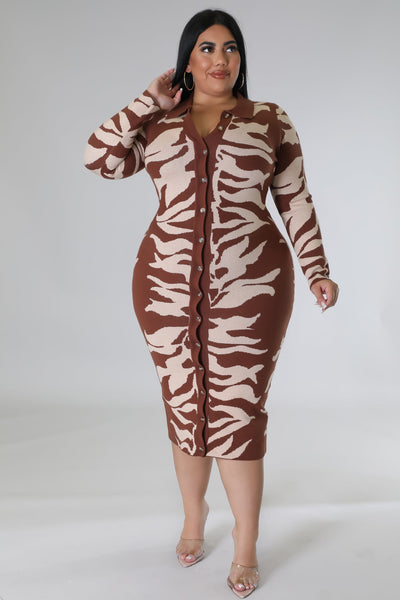 Fasheabe Plus Size Long Sleeve Knit Stretch Dress - Brown