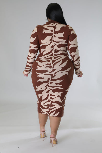 Fasheabe Plus Size Long Sleeve Knit Stretch Dress - Brown